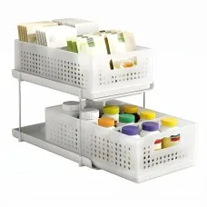 Artiss Under Sink Organiser 2 Tier Pull-Out Drawers with Removable Baskets Adjustable Dividers White 21cm