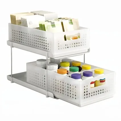 Artiss Under Sink Organiser 2 Tier Pull-Out Drawers with Removable Baskets Adjustable Dividers White 21cm