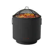 Grillz Portable Fire Pit BBQ 45cm Deep Bowl Outdoor Fireplace with Mesh Lid, Iron Body, Stainless Steel Grill, Black