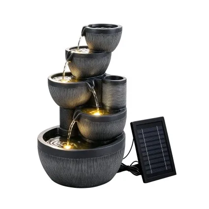 Gardeon Solar Fountain Water Feature 51cm 5-Tier Cascading Bowls Grey with Lithium Battery and Solar Panel