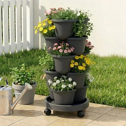 Green Fingers 5-Tier Vertical Garden Planter with Wheels and Auto Drainage System Black Raised Garden Bed