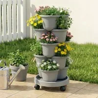 Green Fingers 5-Tier Vertical Garden Planter with Wheels and Auto Drainage System Grey Indoor Outdoor