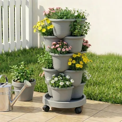 Green Fingers 5-Tier Vertical Garden Planter with Wheels and Auto Drainage System Grey Indoor Outdoor