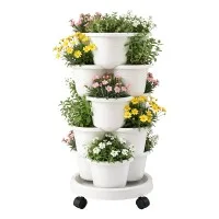 Green Fingers 5 Tier Vertical Garden Planter with Wheels White Auto Drainage Stackable Indoor Outdoor