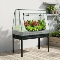 Green Fingers Elevated Metal Garden Bed Kit with Mini Greenhouse Cover, 116x60cm, Rustproof Galvanised Steel, Trellis
