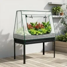 Green Fingers Elevated Metal Garden Bed Kit with Mini Greenhouse Cover, 116x60cm, Rustproof Galvanised Steel, Trellis