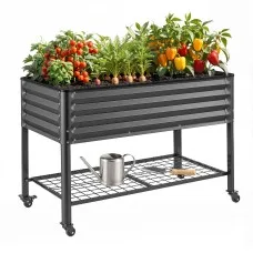 Green Fingers Mobile Raised Garden Bed 115cm with Wheels and Storage Shelf Monument Charcoal