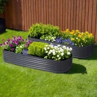Green Fingers 2x Raised Garden Beds 240x80x42cm Oval Galvanised Steel Planter Boxes, Rustproof, Aluminium Grey