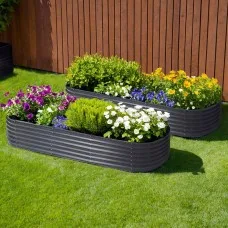 Green Fingers 2x Raised Garden Beds 240x80x42cm Oval Galvanised Steel Planter Boxes, Rustproof, Aluminium Grey