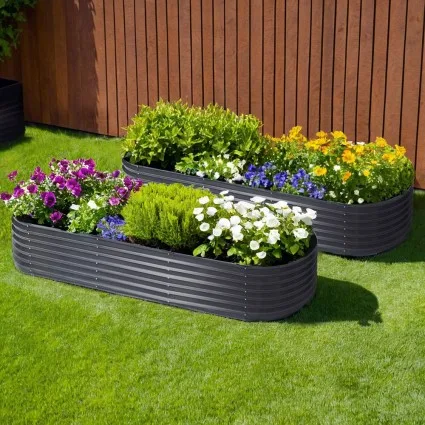 Green Fingers 2x Raised Garden Beds 240x80x42cm Oval Galvanised Steel Planter Boxes, Rustproof, Aluminium Grey