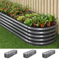 Green Fingers 240cm Raised Garden Bed Kit 3 Pack Galvanised Steel Oval Planters with Safety Edging