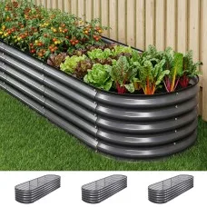 Green Fingers 240cm Raised Garden Bed Kit 3 Pack Galvanised Steel Oval Planters with Safety Edging