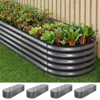 Green Fingers 4 Pack Raised Garden Bed Kit 240cm Oval Galvanised Steel with Safety Edging Gloves and Pegs
