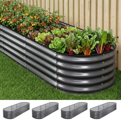 Green Fingers 4 Pack Raised Garden Bed Kit 240cm Oval Galvanised Steel with Safety Edging Gloves and Pegs