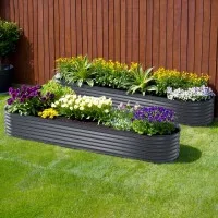 2x Green Fingers Galvanised Raised Garden Bed 320x80x42cm Oval Planter Box, Rustproof Steel, Aluminium Grey