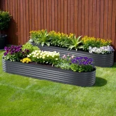 2x Green Fingers Galvanised Raised Garden Bed 320x80x42cm Oval Planter Box, Rustproof Steel, Aluminium Grey