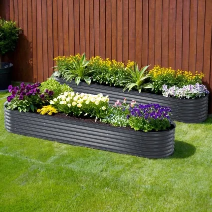 2x Green Fingers Galvanised Raised Garden Bed 320x80x42cm Oval Planter Box, Rustproof Steel, Aluminium Grey