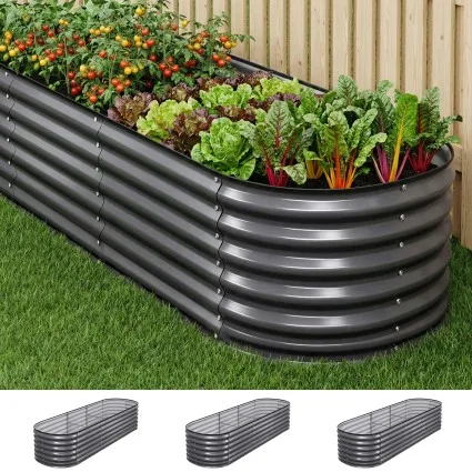 Green Fingers 3 Piece Raised Garden Bed Set 240cm Galvanised Steel Oval Planters with Safety Edging