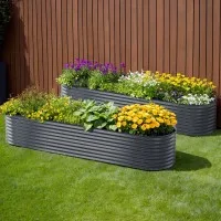 2x Green Fingers 320x80x56cm Oval Raised Garden Beds, Galvanised Steel Planter Boxes, Rustproof, Aluminium Grey