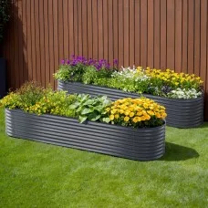 2x Green Fingers 320x80x56cm Oval Raised Garden Beds, Galvanised Steel Planter Boxes, Rustproof, Aluminium Grey