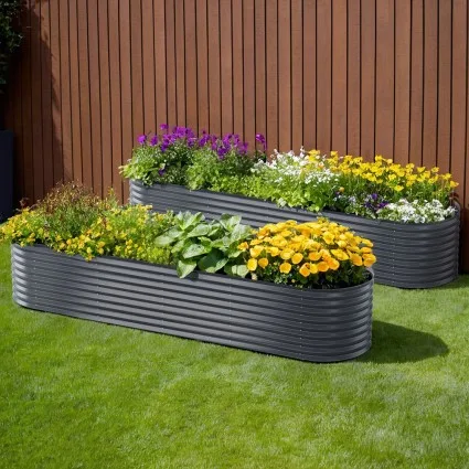 2x Green Fingers 320x80x56cm Oval Raised Garden Beds, Galvanised Steel Planter Boxes, Rustproof, Aluminium Grey