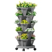 Green Fingers 5 Tier Vertical Garden Bed - Stackable Grey Planters with Auto Drainage for Herbs, Flowers & Strawberries