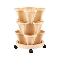 Green Fingers 3 Tier Stackable Vertical Planter Tower with Wheels Beige Self Watering Strawberry Pot