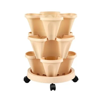 Green Fingers 3 Tier Stackable Vertical Planter Tower with Wheels Beige Self Watering Strawberry Pot