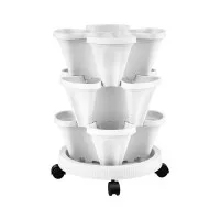 Green Fingers 3 Tier Stackable Vertical Planter Tower with Wheels White Self Watering Strawberry Pot for Indoor Outdoor
