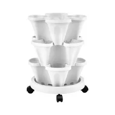 Green Fingers 3 Tier Stackable Vertical Planter Tower with Wheels White Self Watering Strawberry Pot for Indoor Outdoor