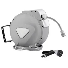 Green Fingers 10M Retractable Water Hose Reel with Auto Rewind, 9-Setting Spray Gun, UV-Resistant PVC, 180° Swivel Mount