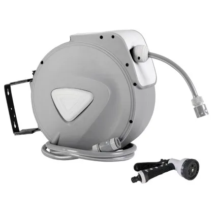 Green Fingers 10M Retractable Water Hose Reel with Auto Rewind, 9-Setting Spray Gun, UV-Resistant PVC, 180° Swivel Mount