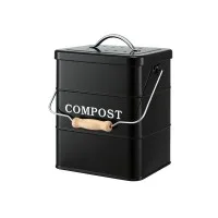 Gardeon 5L Compost Bin Kitchen Countertop Food Waste Caddy Black Ventilated Lid Wooden Handle Galvanised Iron