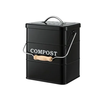 Gardeon 5L Compost Bin Kitchen Countertop Food Waste Caddy Black Ventilated Lid Wooden Handle Galvanised Iron