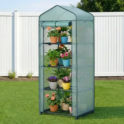 Green Fingers 4-Tier Mini Greenhouse 1.6m Tall with Waterproof Roll-Up Zipper Door and Removable PVC Cover