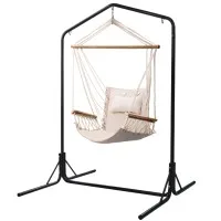 Gardeon Outdoor Hammock Chair with Stand, Polyester Cotton Blend, Cream, 160x140x205cm, Indoor/Outdoor Swing Seat