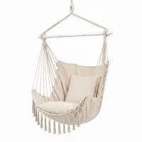Gardeon Fabric Hammock Chair Hanging Swing with Two Cushions 120kg Tassel Design Indoor Outdoor Cream