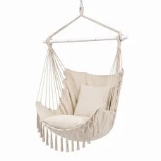 Gardeon Fabric Hammock Chair Hanging Swing with Two Cushions 120kg Tassel Design Indoor Outdoor Cream