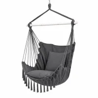 Gardeon Hammock Chair Macramé Hanging Swing with Cushions 120kg Grey Indoor Outdoor Metal Bar