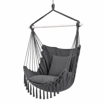 Gardeon Hammock Chair Macramé Hanging Swing with Cushions 120kg Grey Indoor Outdoor Metal Bar