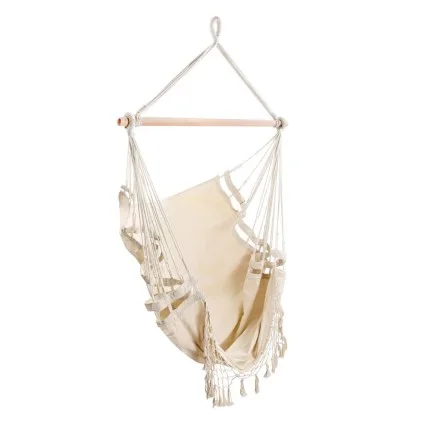 Gardeon Creamy White Hanging Hammock Chair - Polyester Cotton Blend, 96x150cm, Timber Rail, Indoor/Outdoor Swing Seat
