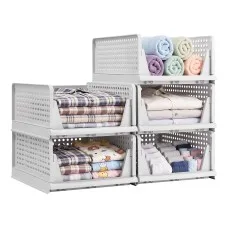 Artiss 5 Pack Stackable Plastic Storage Organisers Foldable Wardrobe Drawers White with Mesh Design for Closets