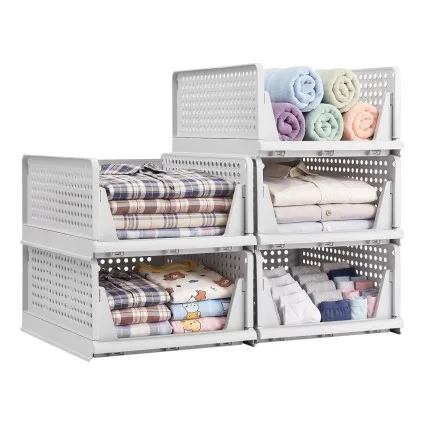Artiss 5 Pack Stackable Plastic Storage Organisers Foldable Wardrobe Drawers White with Mesh Design for Closets