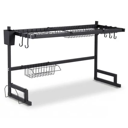 Cefito 2 Tier Dish Drying Rack Over Sink Kitchen Organiser Black Carbon Steel 20kg with Anti-Slip Suction Feet