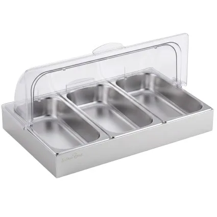 5-Star Chef 3 Pan Food Serving Display Countertop with Stainless Steel Trays and Clear Roll-Top Cover Silver