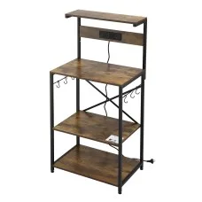 Artiss 4-Tier Kitchen Rack with 2 Power Outlets and 6 Hooks Microwave Storage Shelf Black Brown (130cm)