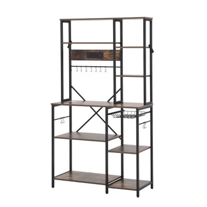 Artiss 96cm x 170cm Kitchen Rack with 2 Power Outlets 12 Hooks Pull Out Basket Microwave Shelf Black Brown