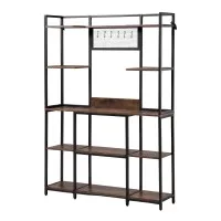 Artiss Kitchen Rack 120cm x 170cm Black Brown Metal Frame Microwave Shelf with 6 Hooks 20kg Capacity
