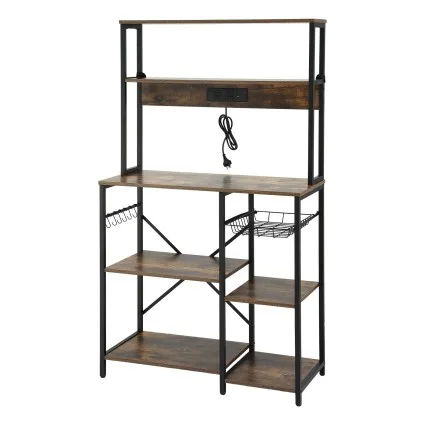 Artiss 5-Tier Kitchen Rack 90x40x153cm with 2 Power Outlets Reinforced Metal Frame PB Shelves (Black)
