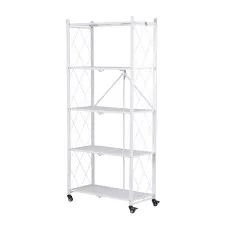 Artiss 5-Tier Foldable Kitchen Bakers Rack 71cm Microwave Stand Metal Storage Shelf with Caster Wheels White